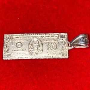1.5” Dollar Note Silver Pendant Only 925k stamped 3.4 grams 1cm thick & heavy